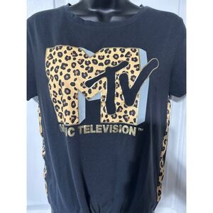 MTV Music Television Leopard Print Cropped T shirt Black Tie Front‎ Women's S